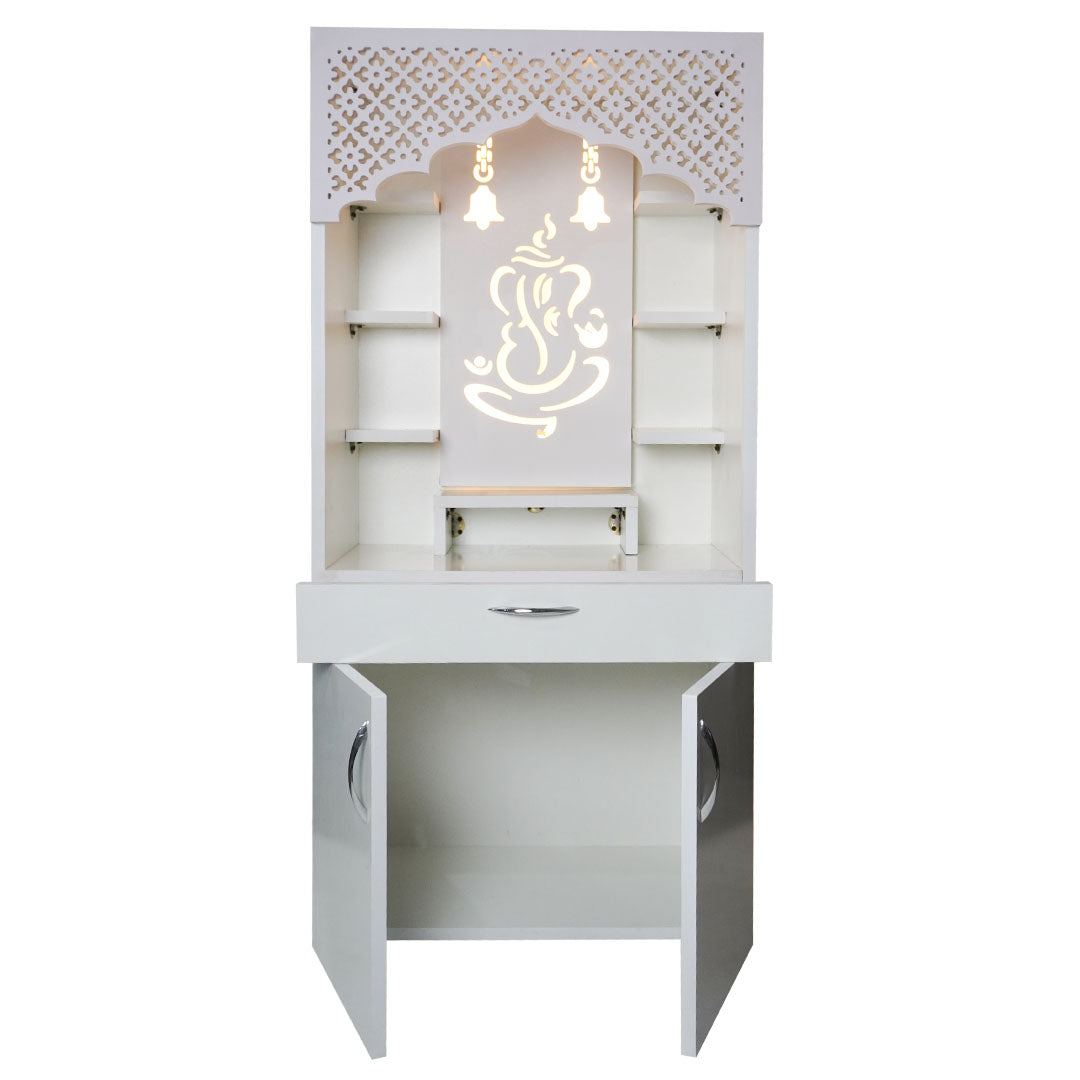 White Wooden Temple for Home with LED Light | Modern Pooja Mandir with Storage | 130x60x34 cm | The Mandir Company