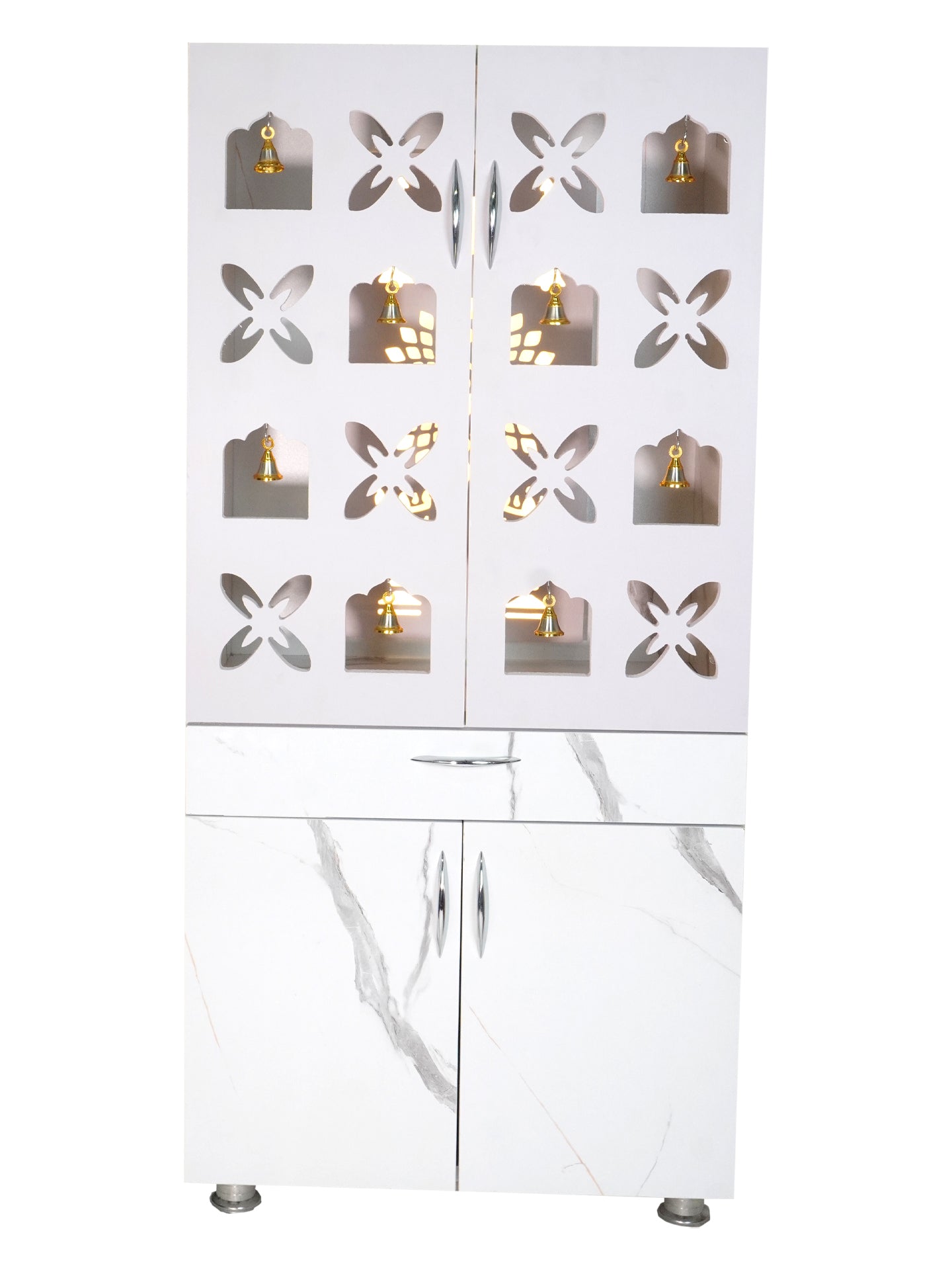 Premium Wooden Mandir for Home with LED Om Swastik Panel & Designer Bell Doors | Modern White Pooja Cabinet with Storage