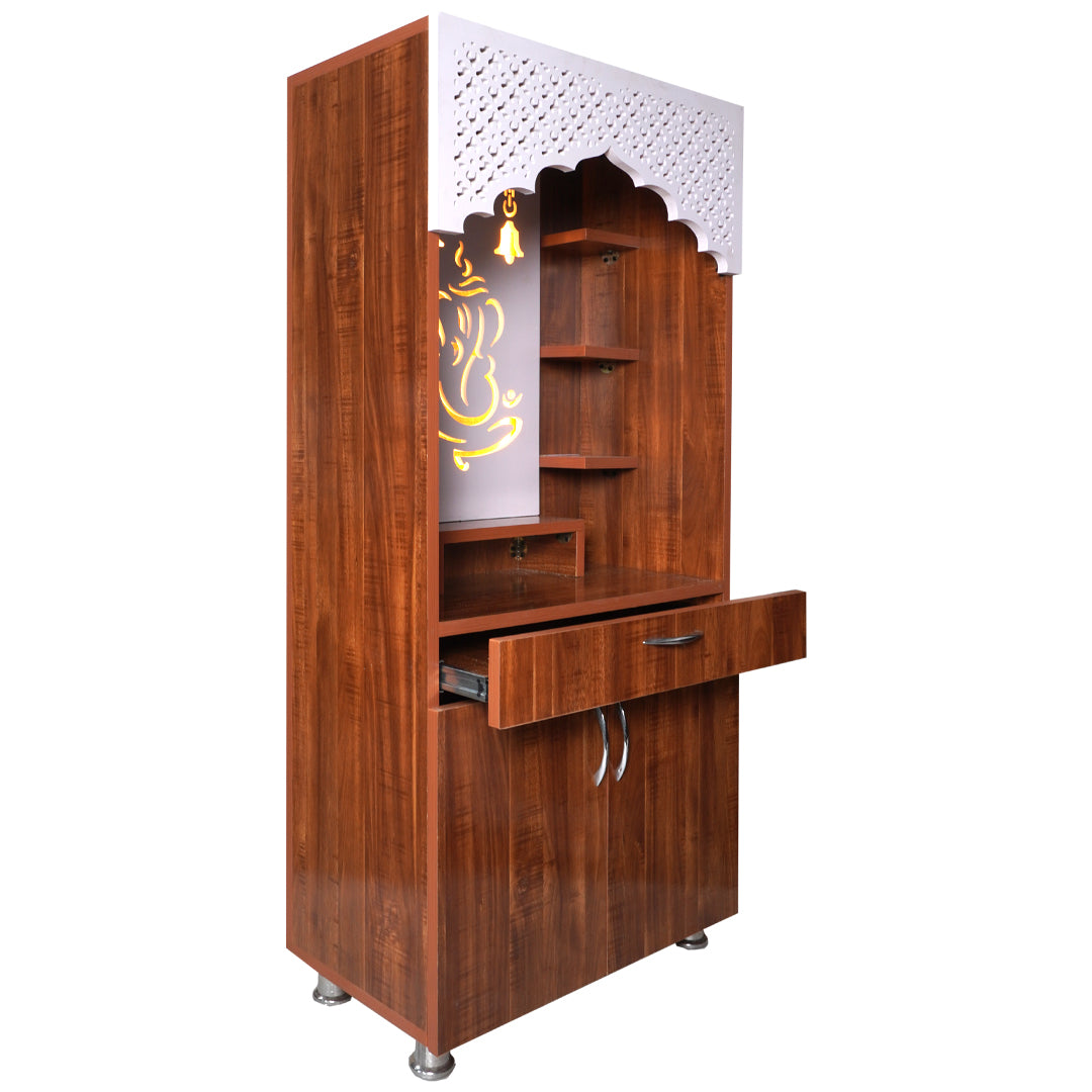 Ganesh LED Wooden Mandir for Home – White & Brown Finish Temple with Storage Cabinet (130x60x34 cm)