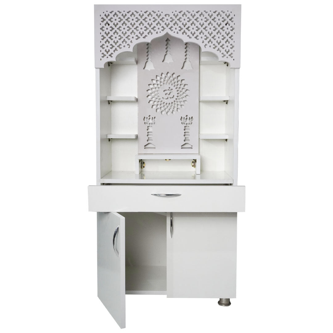 Modern White Wooden Mandir with LED Light & Bell Design – 130x60x34 cm | Home Temple with Storage Cabinet