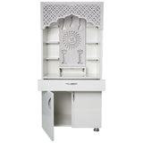 Modern White Wooden Mandir with LED Light & Bell Design – 130x60x34 cm | Home Temple with Storage Cabinet