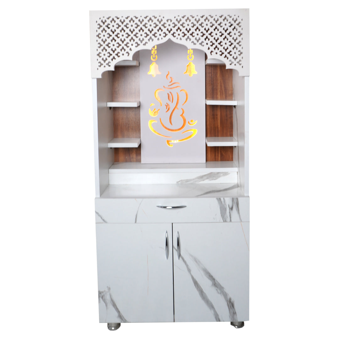 Modern White Marble Finish Mandir with LED Ganesh Design – 130x60x34 cm | Wooden Temple for Home with Storage