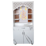Modern White Marble Finish Mandir with LED Ganesh Design – 130x60x34 cm | Wooden Temple for Home with Storage