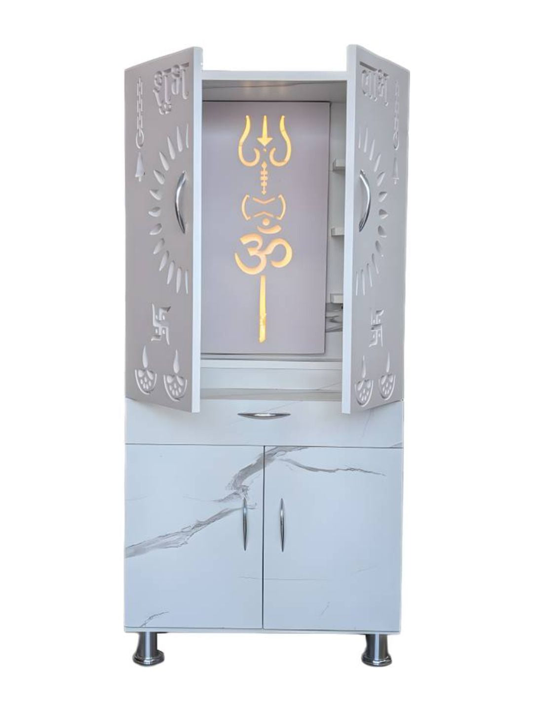White Marble-Finish Pooja Mandir with Decorative Cut-Work Doors