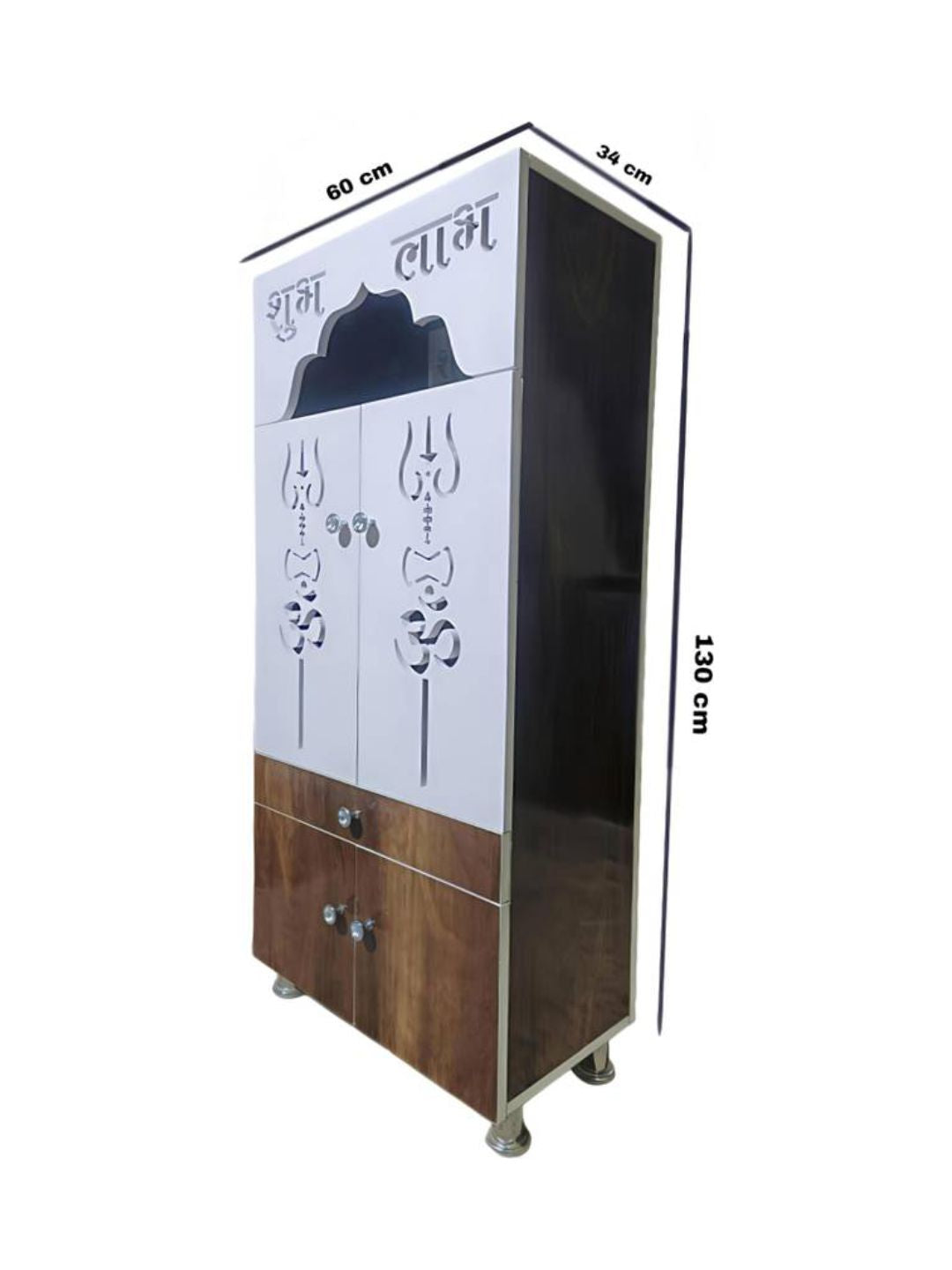 Wooden Pooja Mandir with “Shubh Labh” Design & Storage Cabinet (Dual Tone Finish)