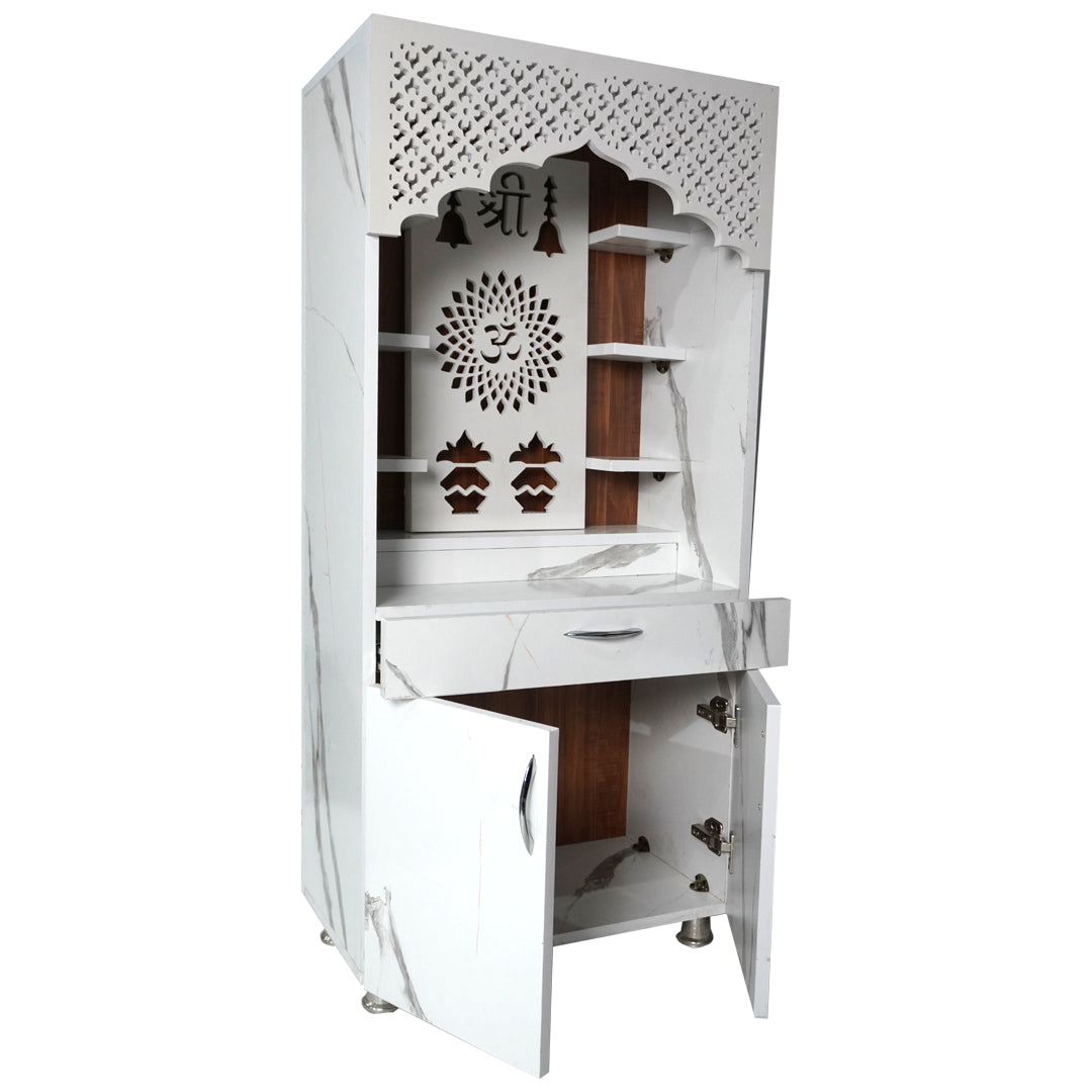 Luxury White Marble Wooden Temple with LED Back Panel – Shri Om Design Temple for Home (130x60x34 cm)