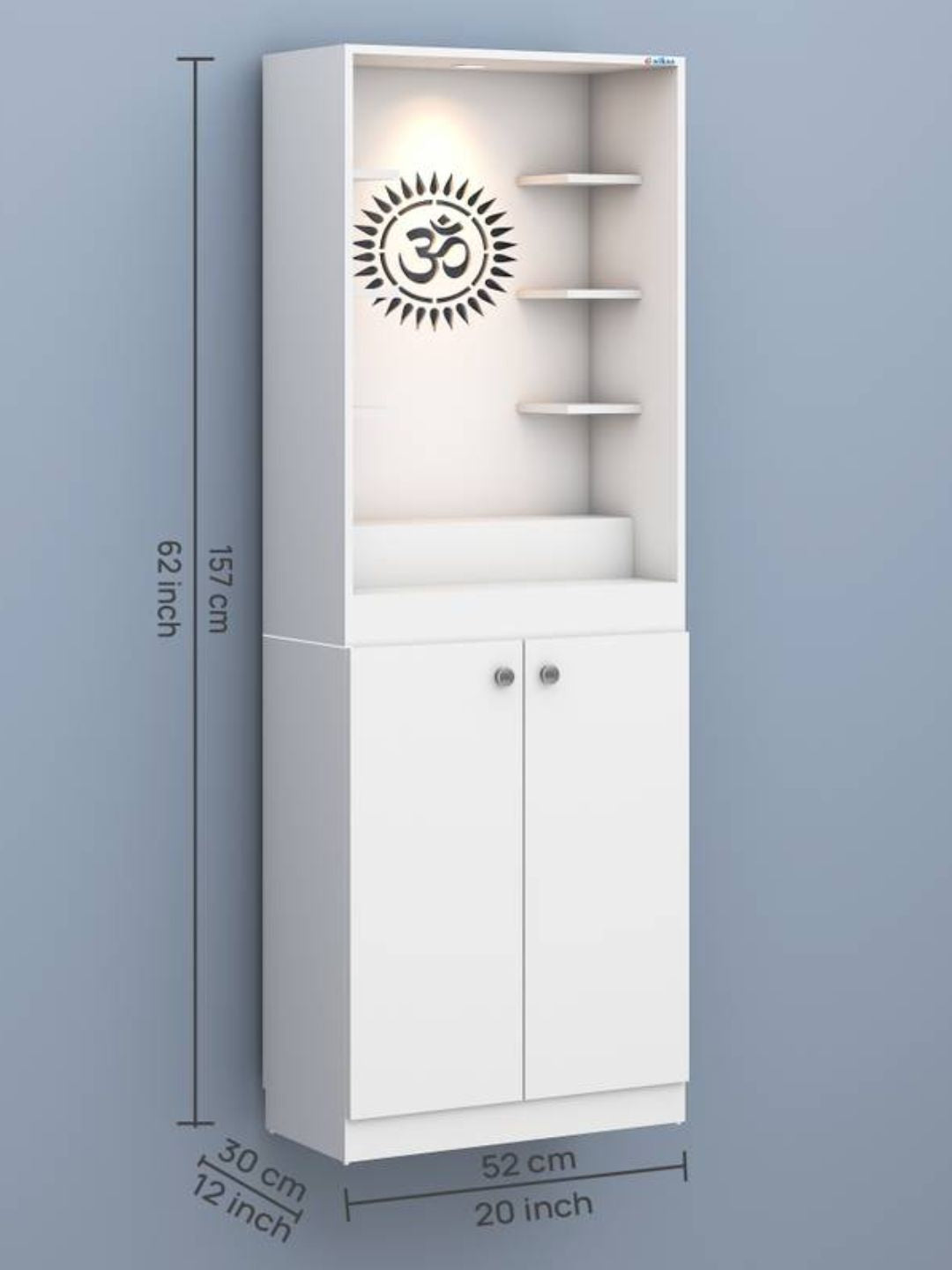 Modern Wooden Pooja Mandir with LED Light & Storage Cabinet