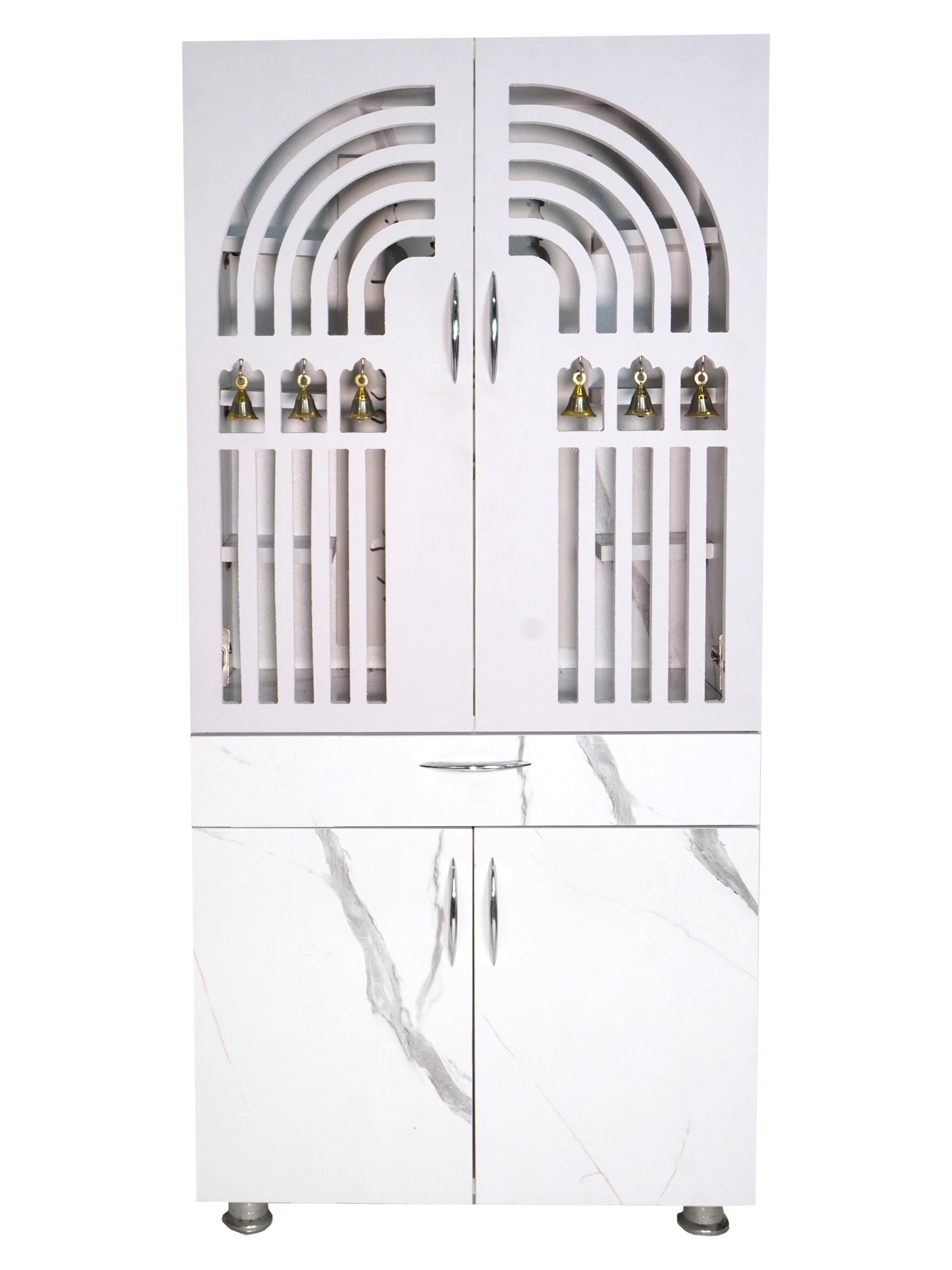 Premium Wooden Mandir for Home with LED Shree Om Panel & Hanging Bells | Modern White Pooja Cabinet with Storage