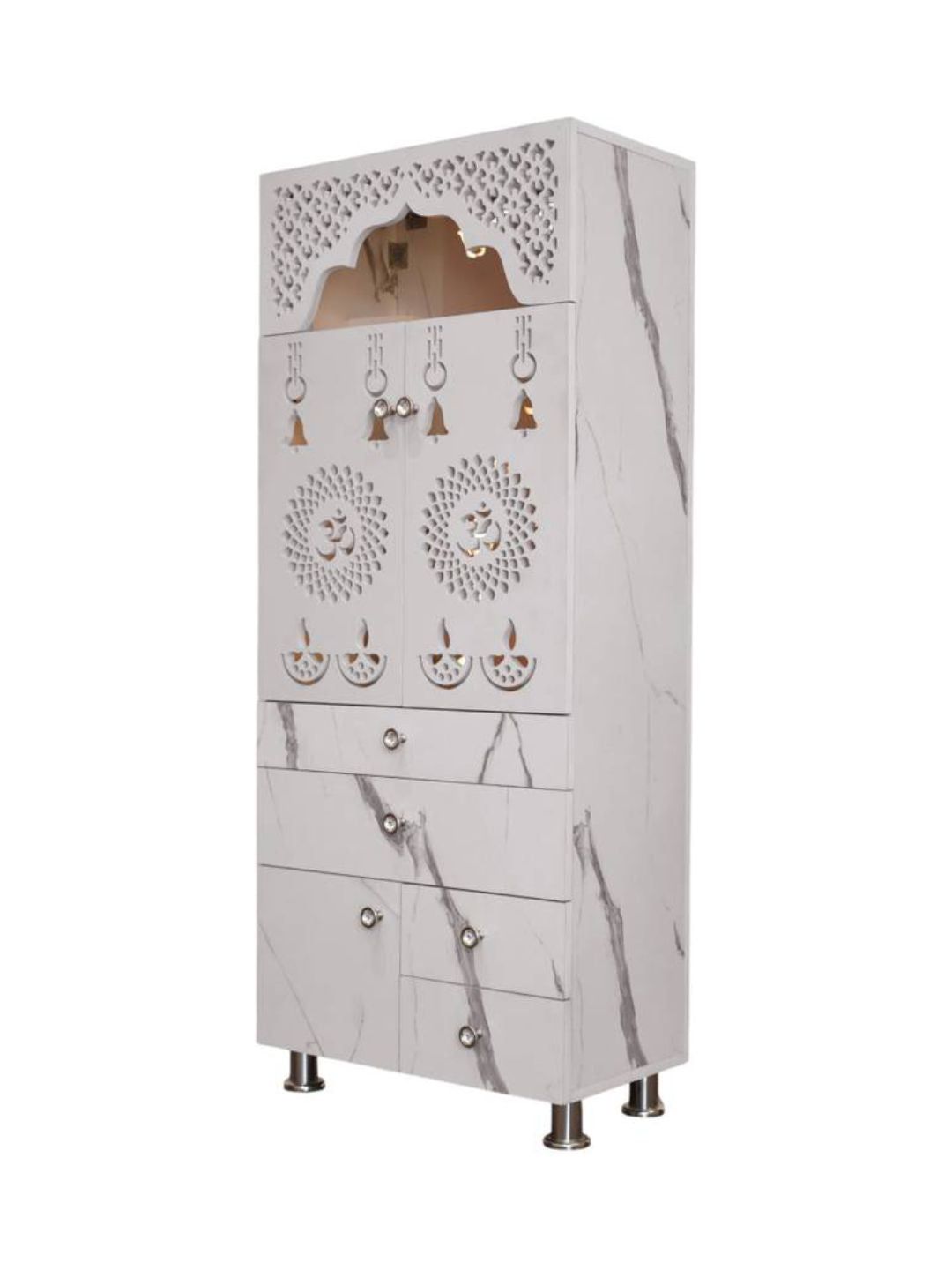 Modern Standing Pooja Mandir With Marble-Finish Design and Decorative Doors
