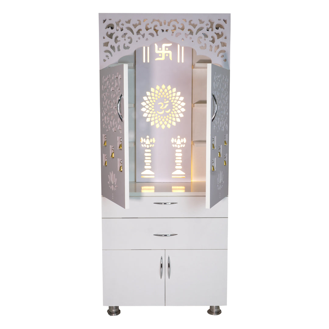 White Wooden Pooja Mandir with LED Light & Storage | Modern Home Temple Cabinet with Drawer & Shelves