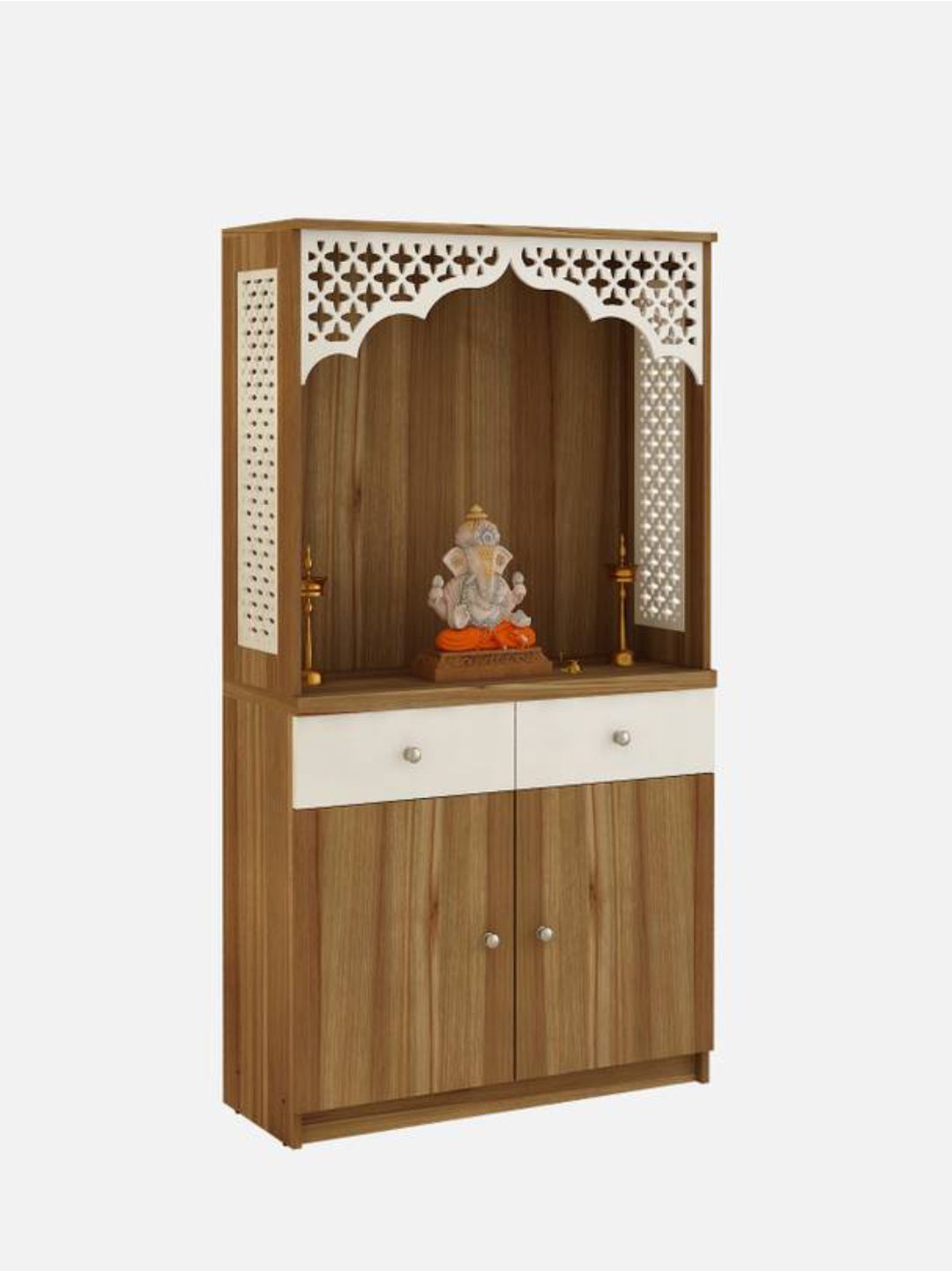 Wooden Pooja Mandir with Carved Arch and Storage