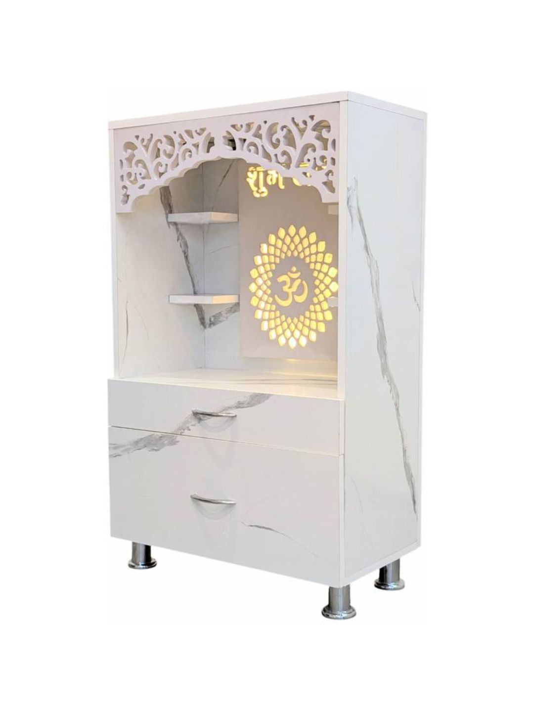White Marble-Finish Pooja Mandir with LED Backlight