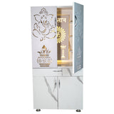 Wooden Mandir for Home with LED Shubh Labh Om Design & Storage | Modern White Pooja Cabinet with Ganesh Door