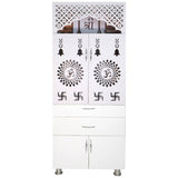 Premium Wooden Mandir for Home with LED Om Panel, Double Drawer & Storage Cabinet | Modern White Pooja Temple Unit