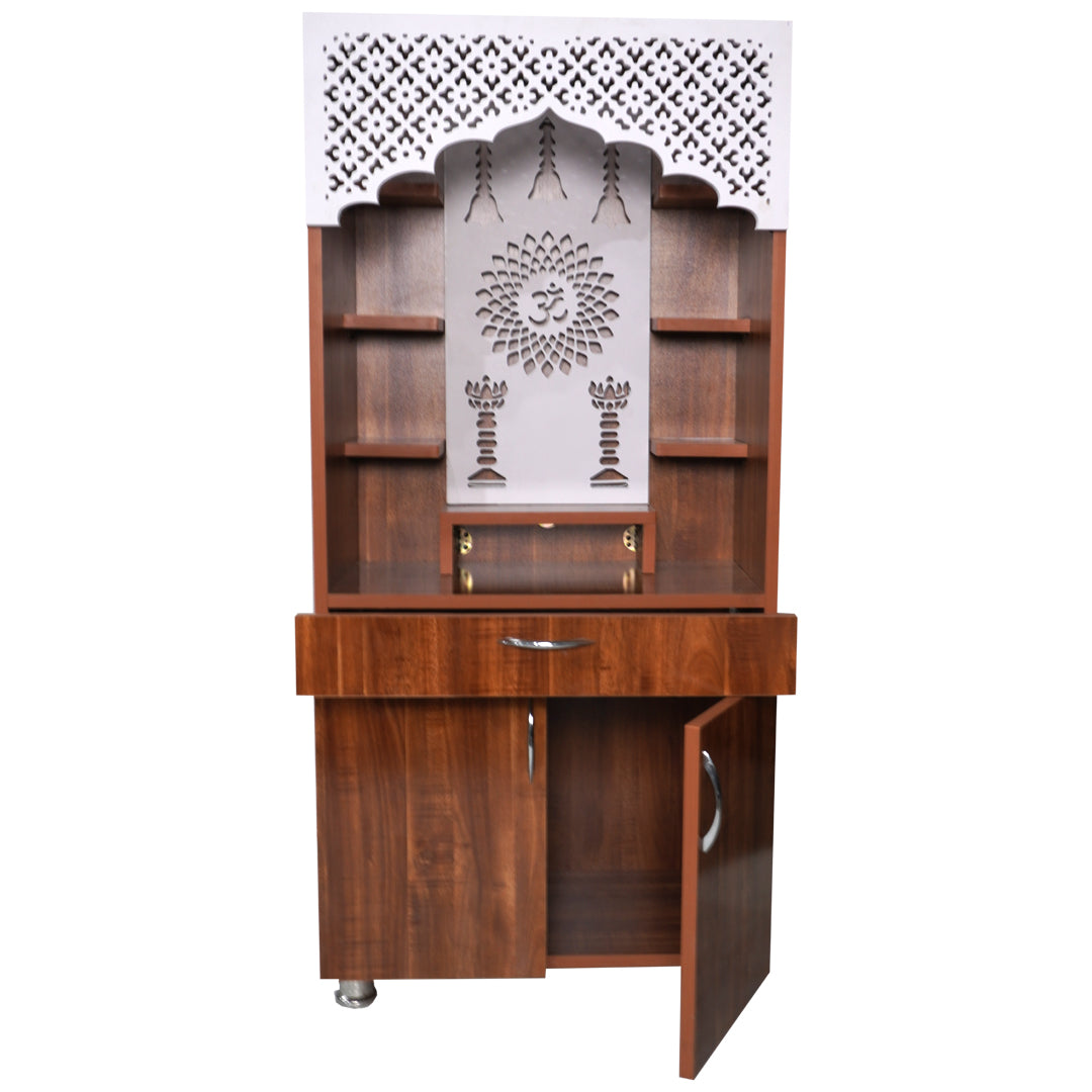 Wooden Mandir with LED Back Panel – White & Brown Finish Pooja Temple for Home (130x60x34 cm) | Designer Mandir with Storage