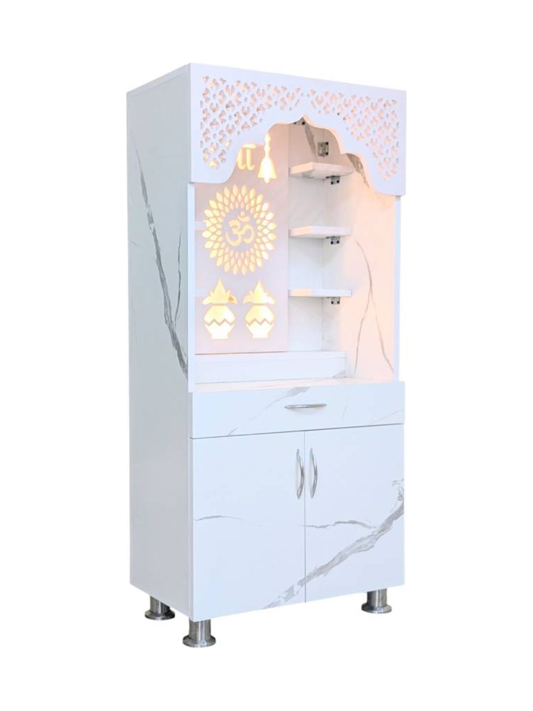 Modern White Pooja Mandir With LED Backlight and Storage