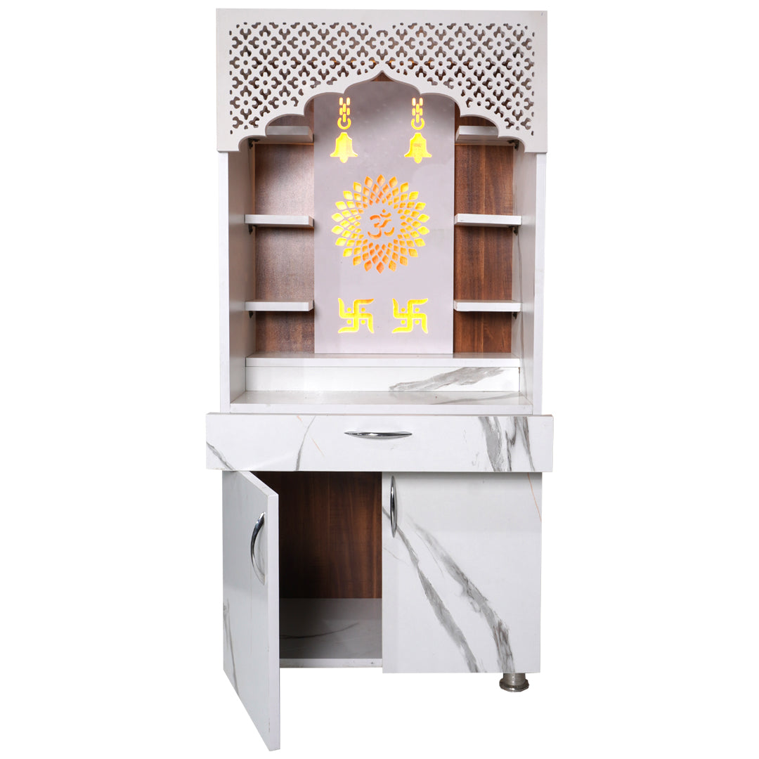 Modern Wooden Temple for Home with Storage | White Marble Finish Mandir with LED Om & Swastik Design – 130x60x34 cm