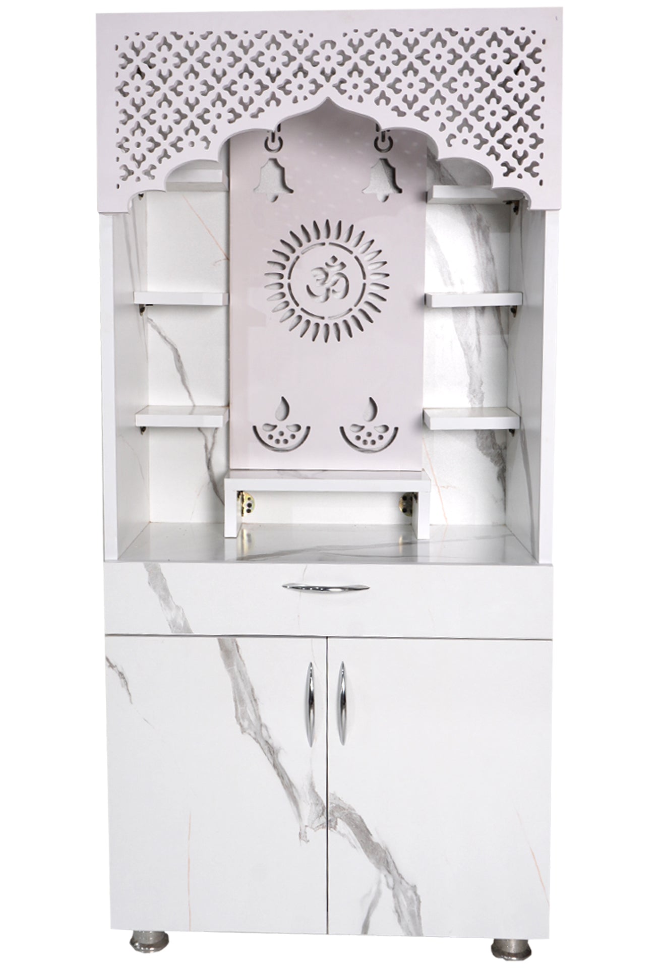 Luxury LED Pooja Mandir for Home – White Marble & Brown Wooden Finish Temple with Storage (130x60x34 cm)