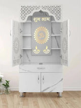 Marble Finish Wooden Mandir with LED Backlight & Storage The Mandir Company