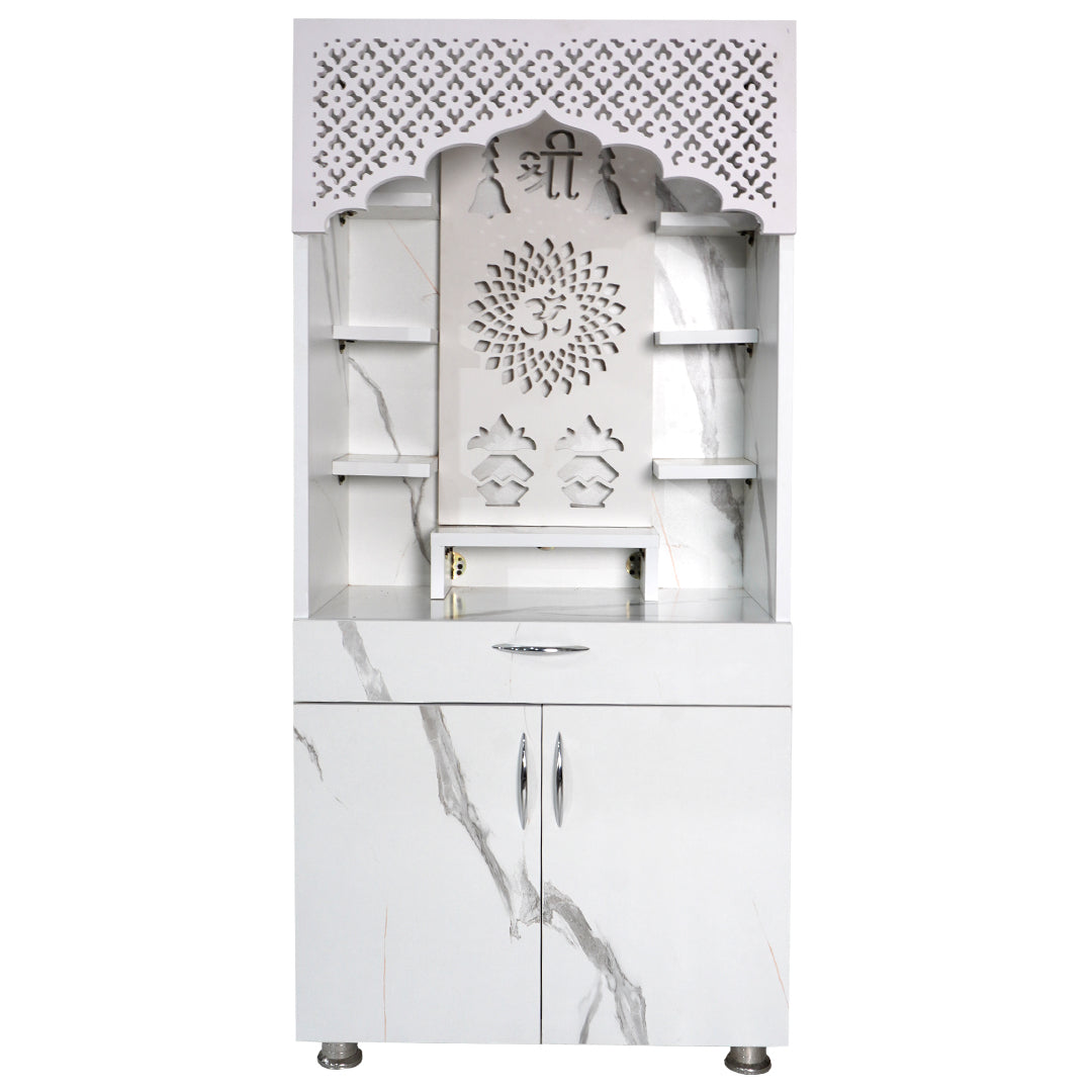 LED Wooden Mandir for Home – White & Brown Finish Temple with Shri Om Design (130x60x34 cm) | Modern Pooja Mandir with Storage