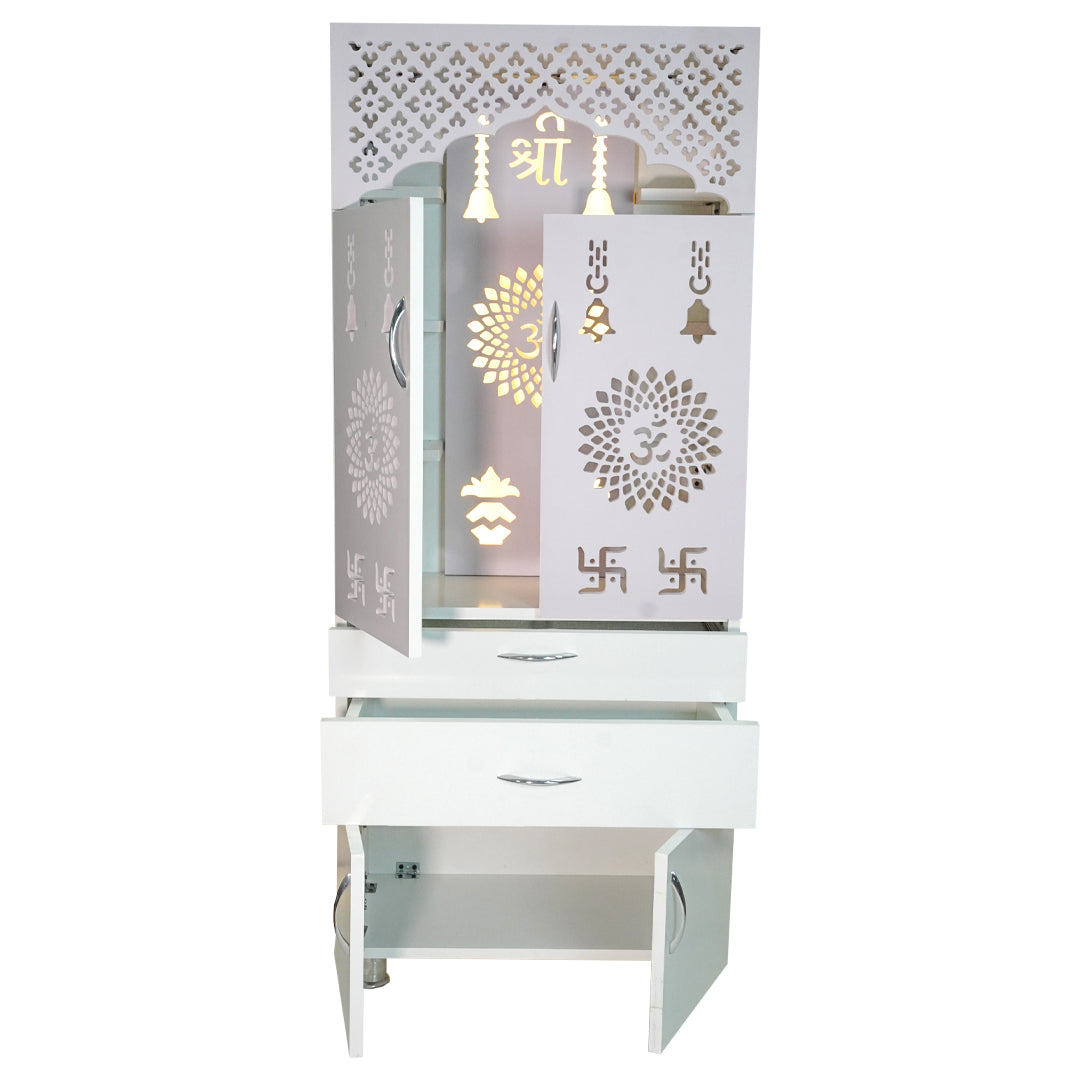 Luxury Wooden Mandir for Home with LED Om Panel & Double Drawer Storage | Modern White Pooja Temple Cabinet