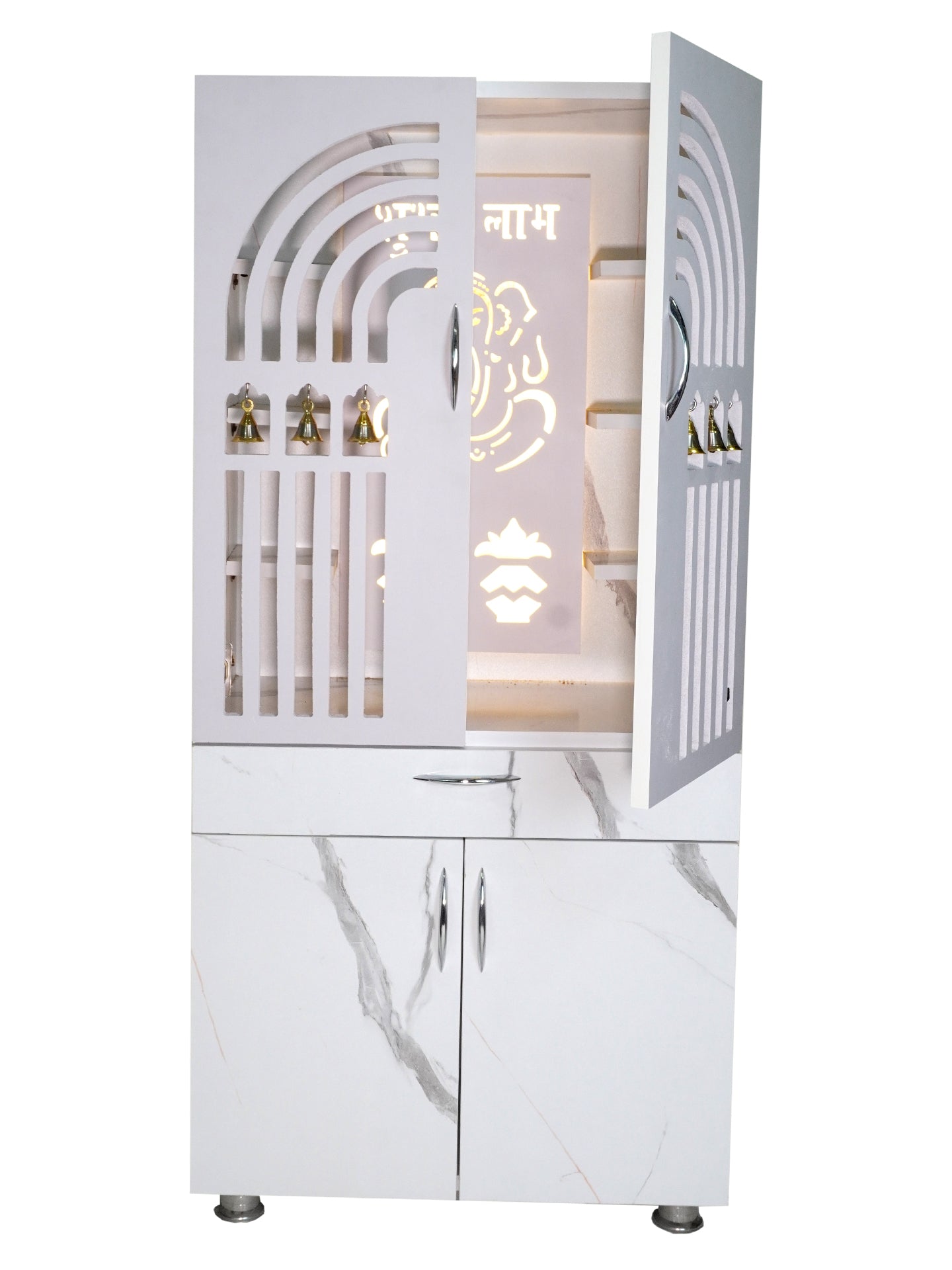 Luxury Wooden Mandir for Home with LED Ganesh & Shubh Labh Panel | Modern White Pooja Cabinet with Bells & Storage