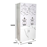 Wooden Mandir for Home with LED Shubh Labh Om Design & Storage | Modern White Pooja Cabinet with Ganesh Door
