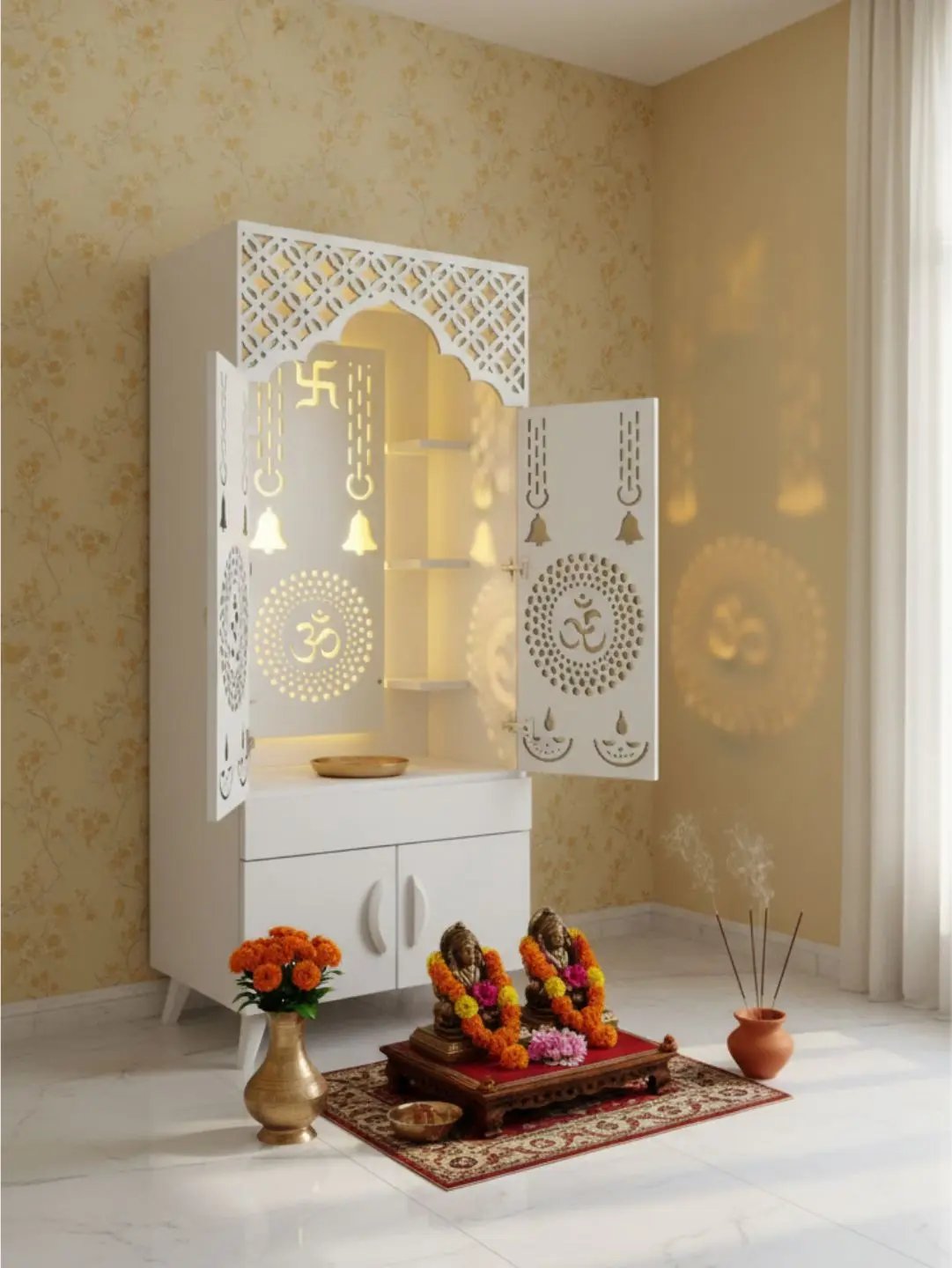 Premium Wooden Mandir with LED Backlight (White Finish) The Mandir Company