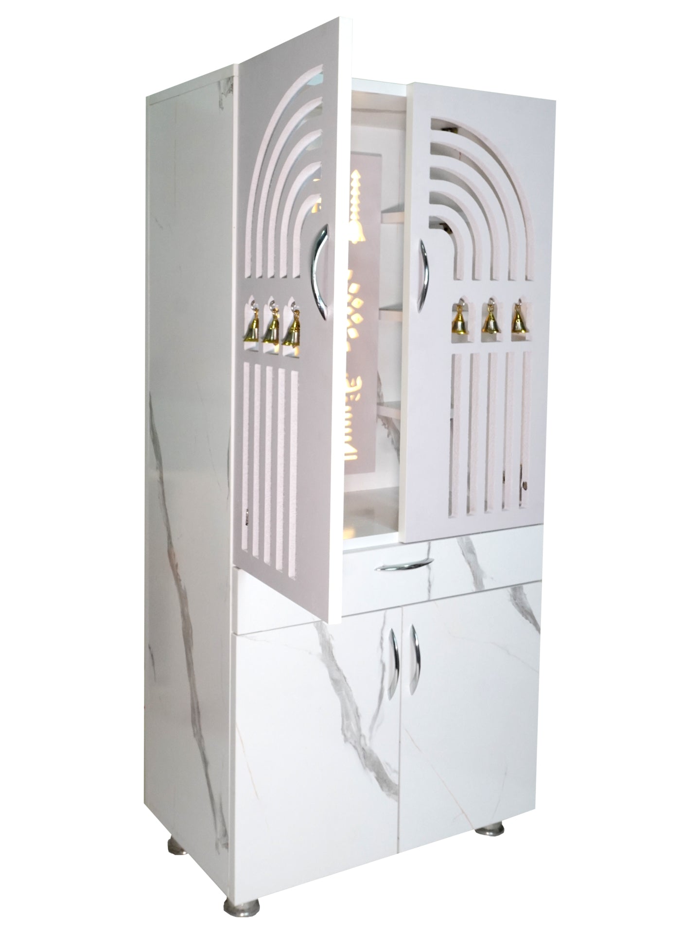 Modern Wooden Mandir for Home with LED Om Panel & Hanging Bells | Designer White Pooja Cabinet with Storage Drawer