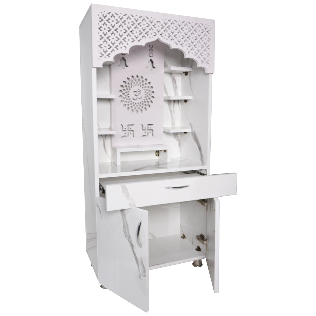 Modern Wooden Mandir with LED Light – White & Brown Finish Temple for Home (130x60x34 cm) | Pooja Mandir with Storage Cabinet