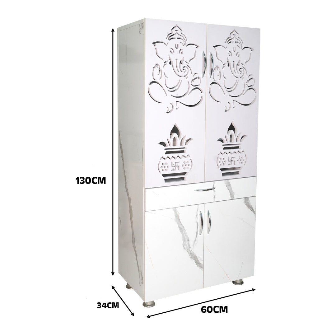 Wooden Mandir for Home with LED Shree Om Design & Storage | Modern White Pooja Cabinet with Ganesh Door