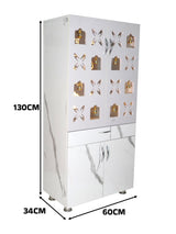 Designer Wooden Mandir for Home with LED Ganesh & Shubh Labh Panel | Premium White Pooja Cabinet with Multi Bells & Storage