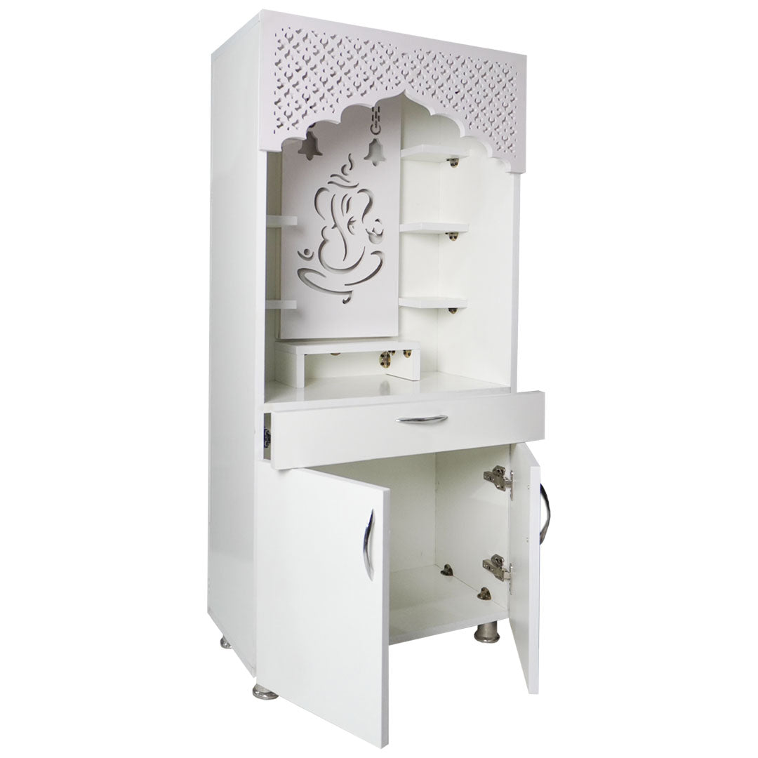 White Wooden Temple for Home with LED Light | Modern Pooja Mandir with Storage | 130x60x34 cm | The Mandir Company