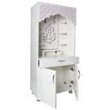 White Wooden Temple for Home with LED Light | Modern Pooja Mandir with Storage | 130x60x34 cm | The Mandir Company