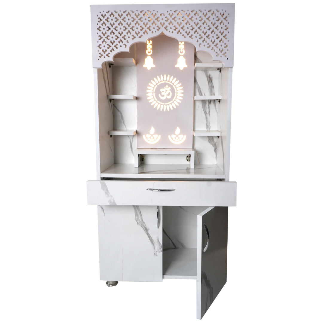 Luxury LED Pooja Mandir for Home – White Marble & Brown Wooden Finish Temple with Storage (130x60x34 cm)