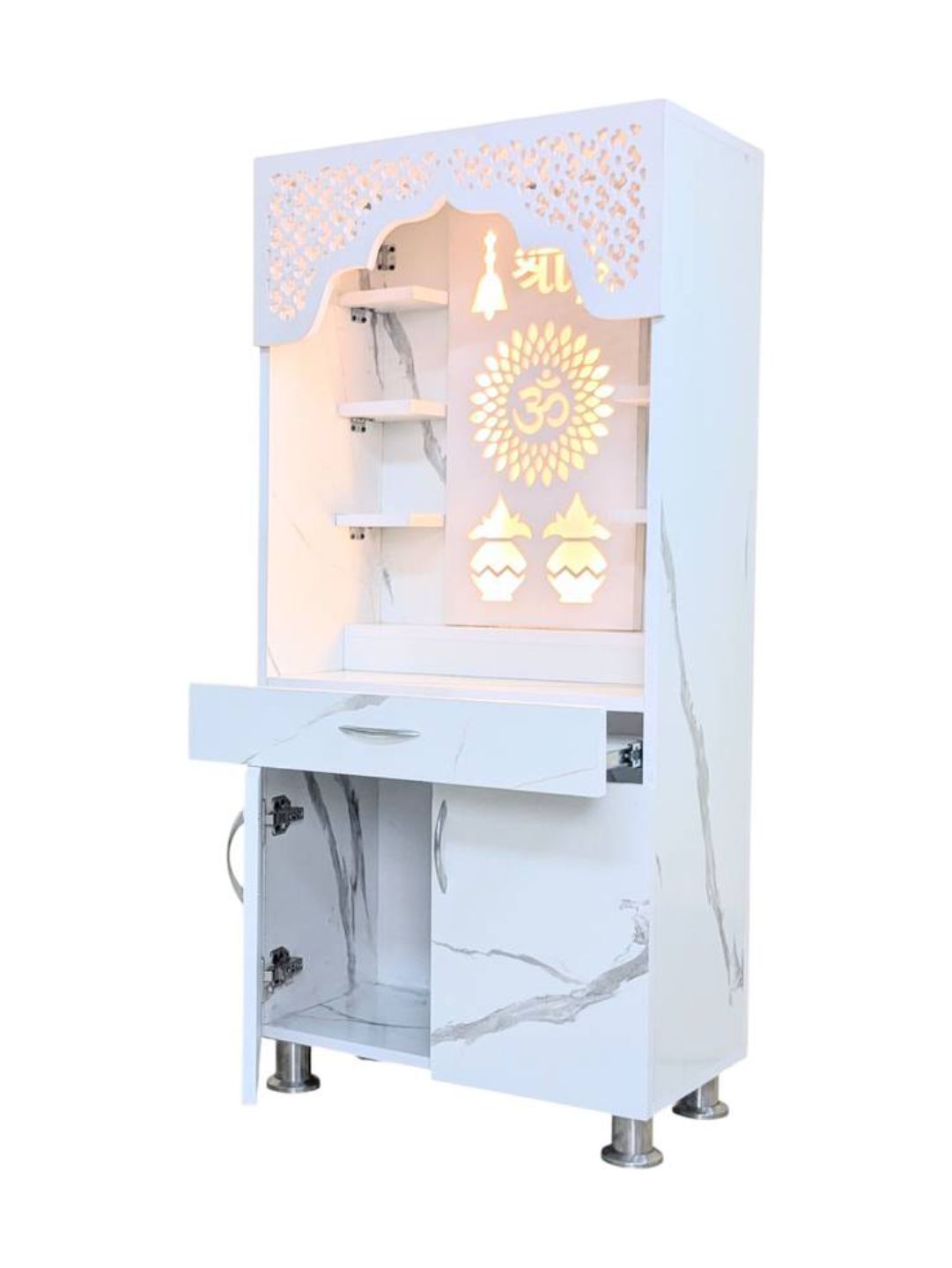 Modern White Pooja Mandir With LED Backlight and Storage