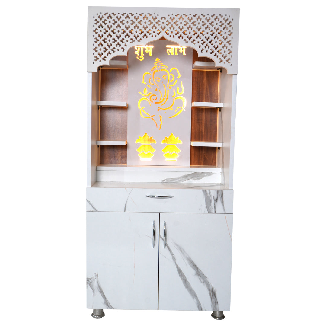 Modern Wooden Mandir with LED Back Panel – Ganesh & Shubh Labh Design Home Temple (130 cm Height)