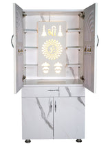 Premium Wooden Mandir for Home with LED Shree Om Panel & Hanging Bells | Modern White Pooja Cabinet with Storage