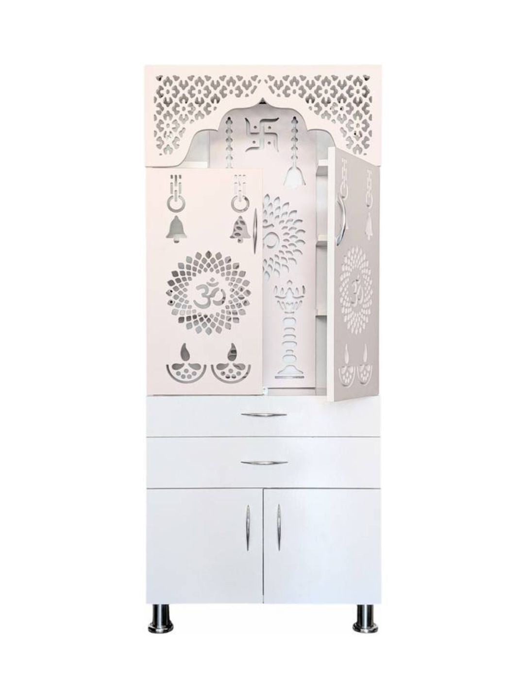 Premium White Wooden Pooja Mandir with Storage & LED Cutwork Design