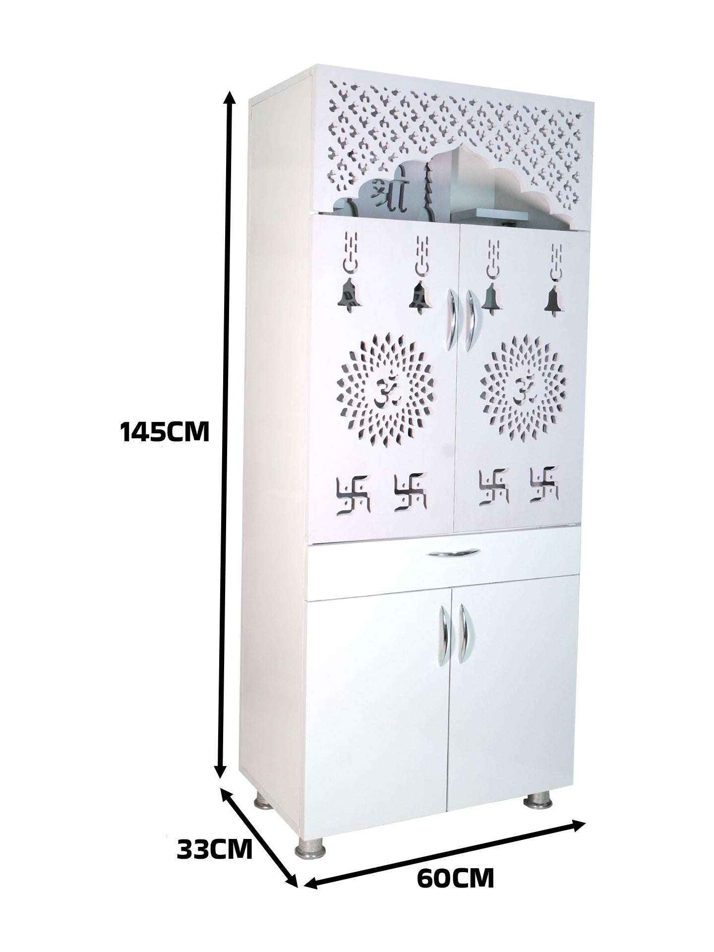 Luxury Wooden Mandir for Home with LED Shree Om Panel & Jaali Design | Modern White Pooja Cabinet with Storage Drawer