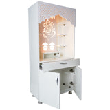 White Wooden Temple for Home with LED Ganesha Design | Modern Pooja Mandir with Storage | 130x60x34 cm | The Mandir Company