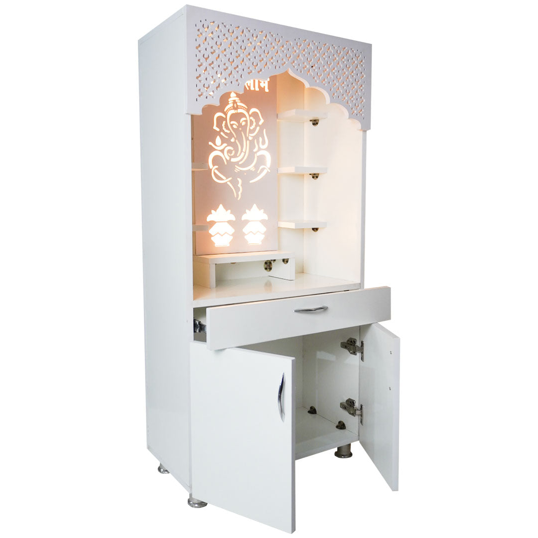 White Wooden Temple for Home with LED Ganesha Design | Modern Pooja Mandir with Storage | 130x60x34 cm | The Mandir Company