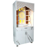 Luxury White Marble Wooden Temple with LED Back Panel – Shri Om Design Temple for Home (130x60x34 cm)