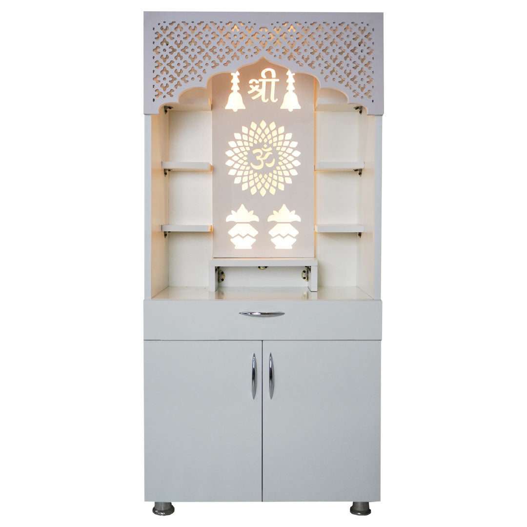 White Wooden Temple for Home with LED Shree & Om Lotus Design | Modern Pooja Mandir with Storage | 130x60x34 cm | The Mandir Company