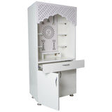 Modern White Wooden Mandir with LED Light & Bell Design – 130x60x34 cm | Home Temple with Storage Cabinet