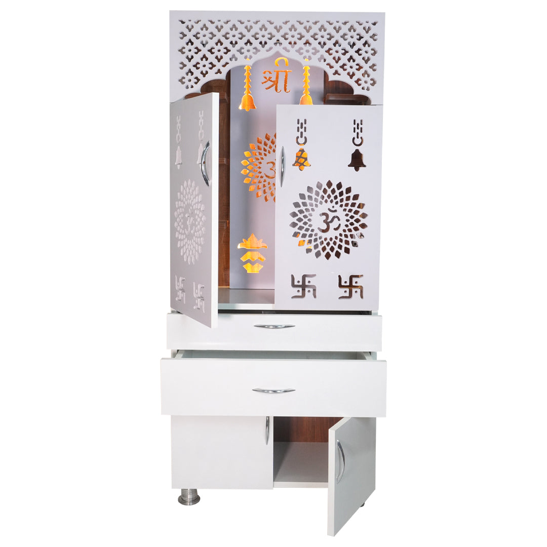 Premium Wooden Mandir for Home with LED Om Panel, Double Drawer & Storage Cabinet | Modern White Pooja Temple Unit