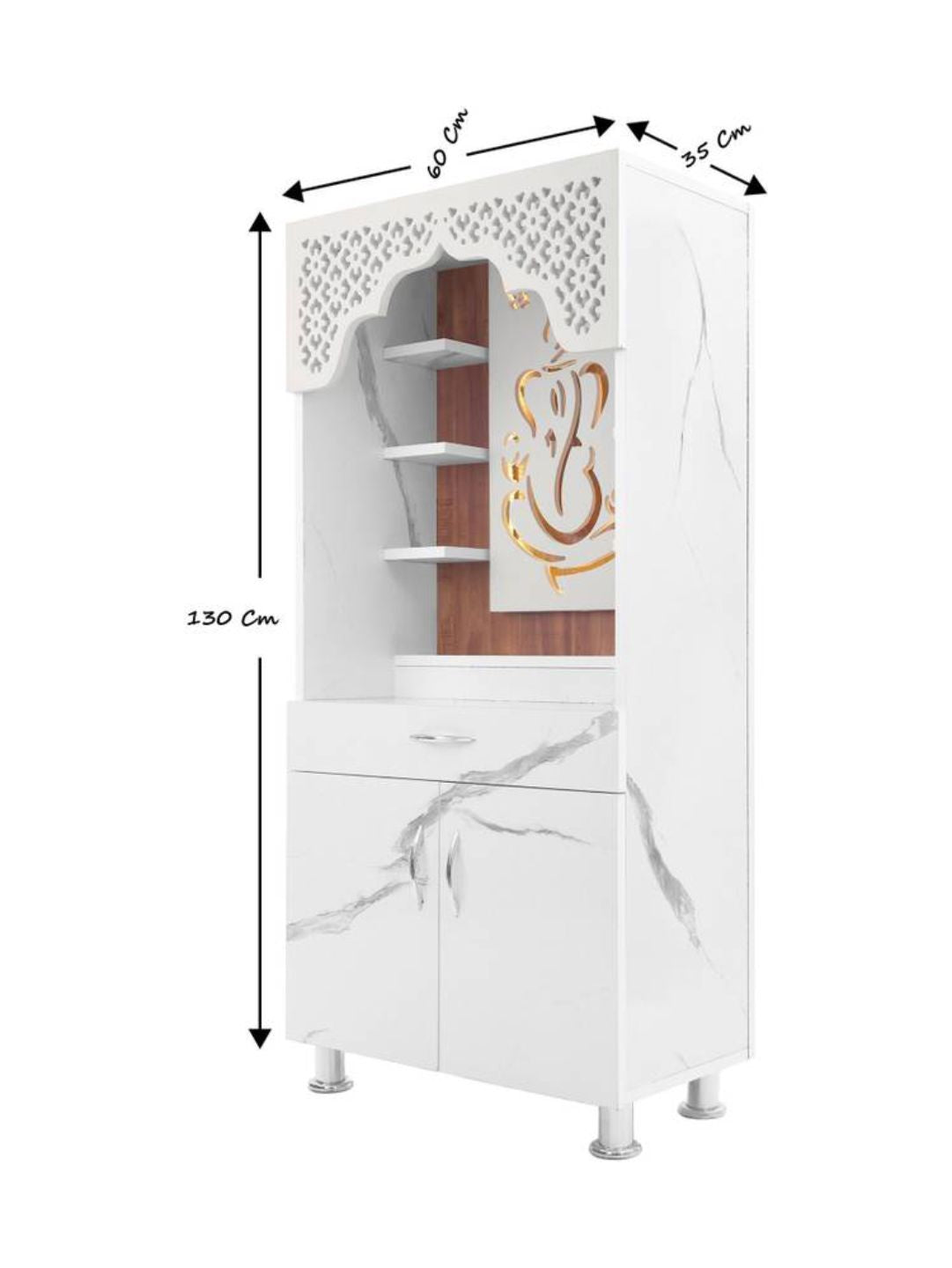 Modern White Marble-Finish Open Pooja Mandir With LED Ganesh