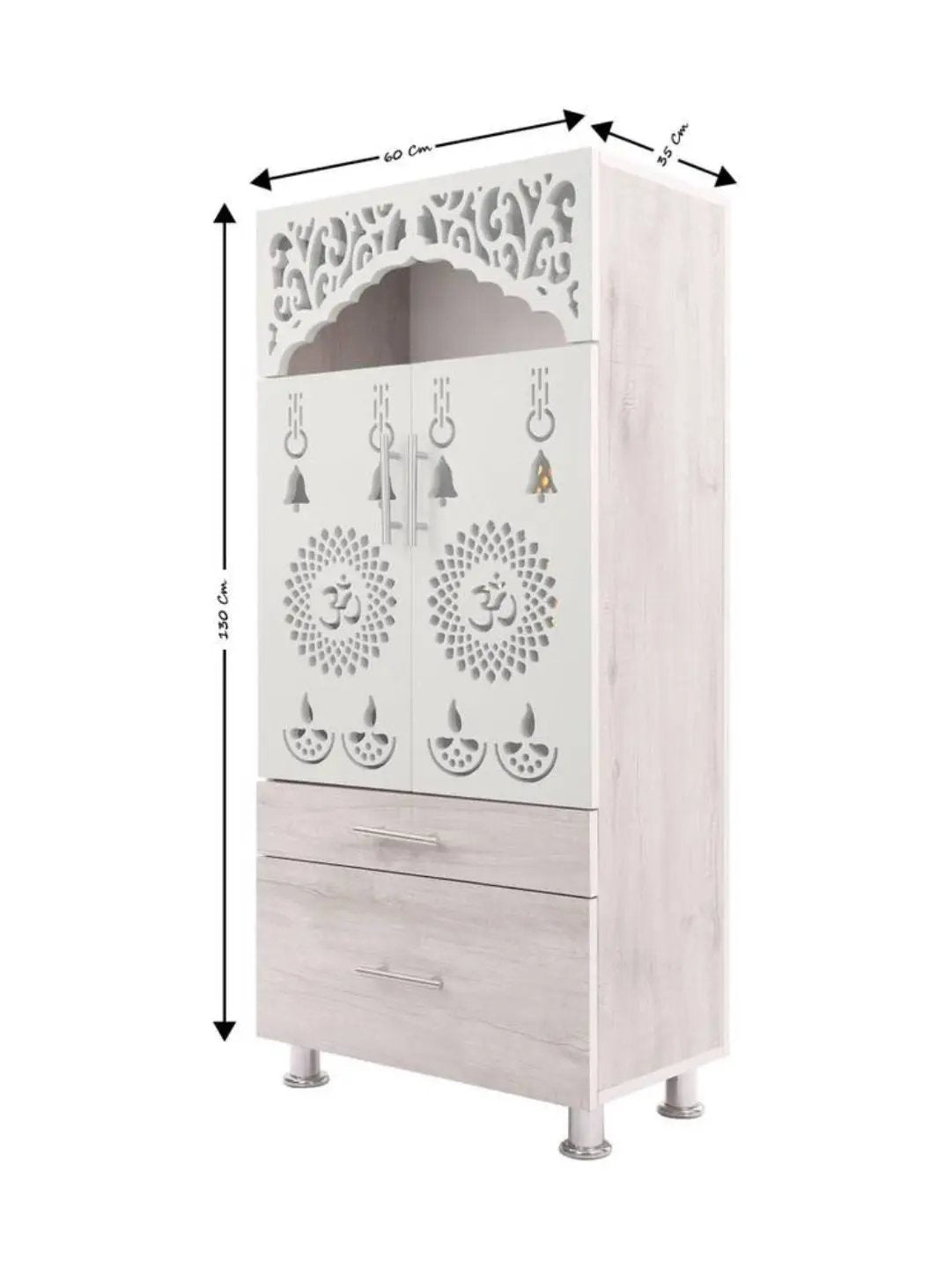 White Wooden Mandir with Dual Drawers & Decorative Jaali Design