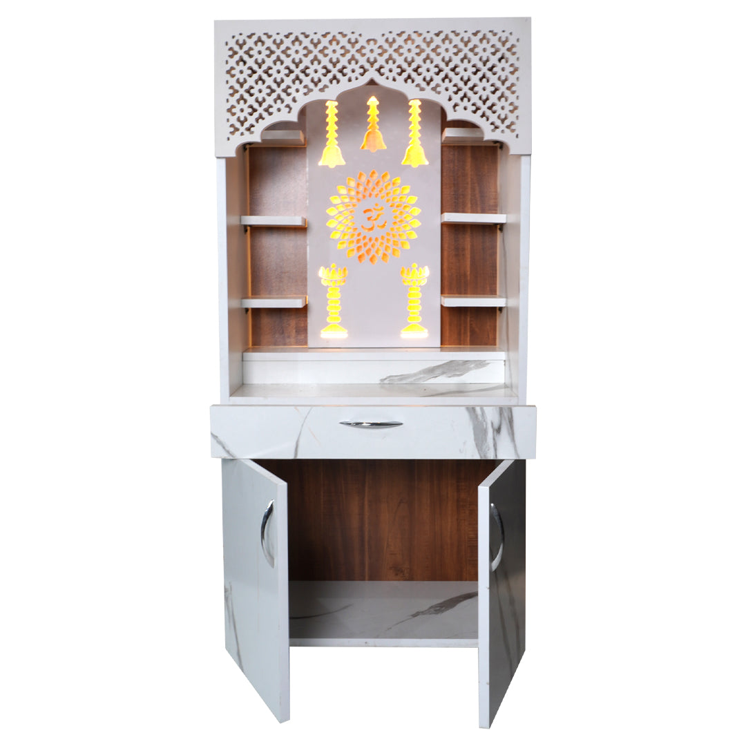 Designer LED Mandir for Home – White Marble Finish Temple with Om & Diya Pillar Design (130x60x34 cm)