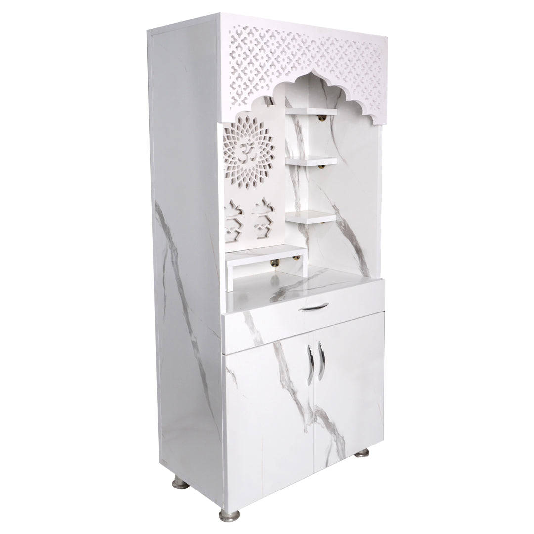 LED Wooden Mandir for Home – White & Brown Finish Temple with Shri Om Design (130x60x34 cm) | Modern Pooja Mandir with Storage